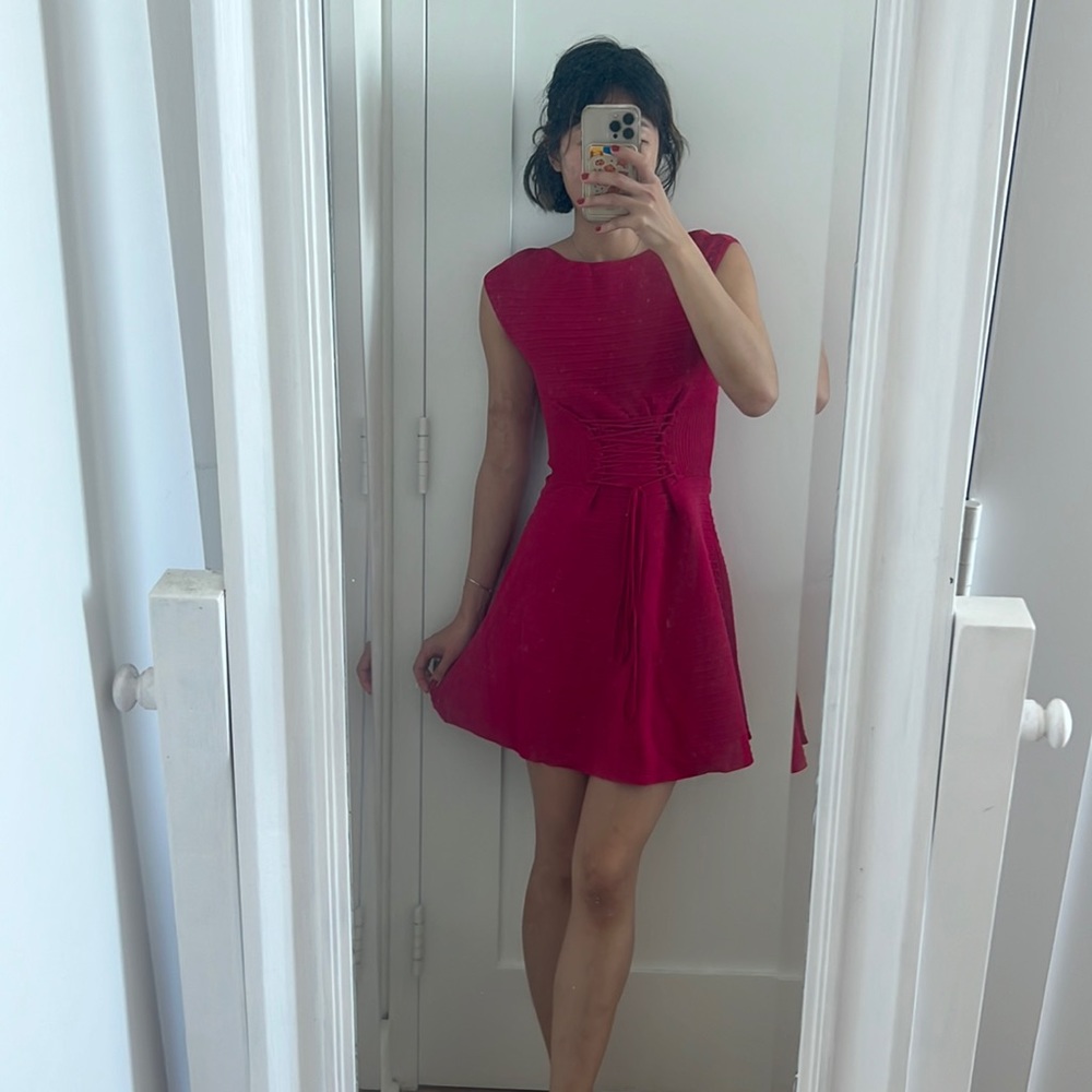 Hot pink french connection katie lace up waist knit stretch fit and flare dress